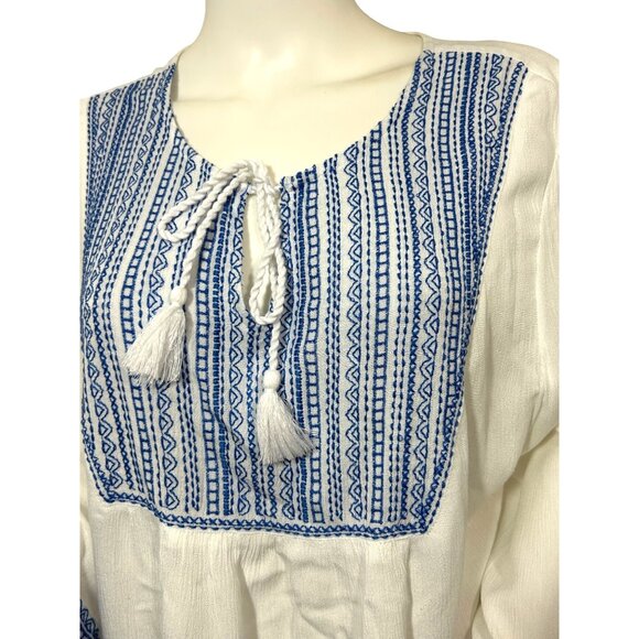 Susan Graver Tunic Top L White Blue Embroidered Boho Cottage V-Neck Rope Tassels - Picture 8 of 11